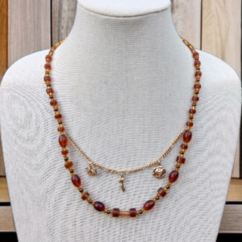 Vintage root beer glass crown, heels heart charm necklace